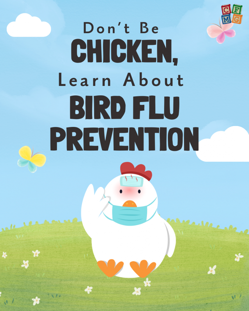 An image of a chicken sitting on grass under a blue sky with a mask on, playfully indicating that it has bird flu.